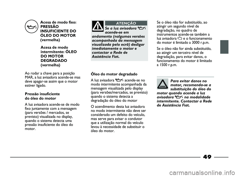 FIAT STRADA 2015  Manual de Uso e Manutenção (in Portuguese) Acesa de modo fixo:
PRESSÃO
INSUFICIENTE DO
ÓLEO DO MOTOR
(vermelha)
Acesa de modo
intermitente: ÓLEO
DO MOTOR
DEGRADADO
(vermelha)
Ao rodar a chave para a posição
MAR, a luz avisadora acende-se 