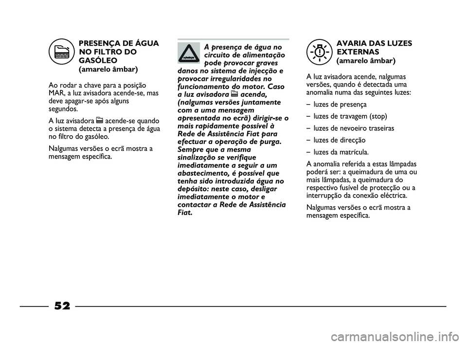 FIAT STRADA 2015 Manual de Uso e Manutenção (in Portuguese) AVARIA DAS LUZES
EXTERNAS
(amarelo âmbar)
A luz avisadora acende, nalgumas
versões, quando é detectada uma
anomalia numa das seguintes luzes:
–luzes de presença
–luzes de travagem (stop)
–lu FIAT STRADA 2015 Manual de Uso e Manutenção (in Portuguese) AVARIA DAS LUZES
EXTERNAS
(amarelo âmbar)
A luz avisadora acende, nalgumas
versões, quando é detectada uma
anomalia numa das seguintes luzes:
–luzes de presença
–luzes de travagem (stop)
–lu