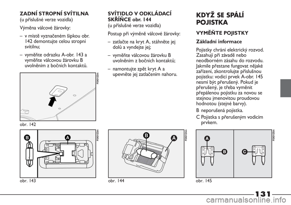 FIAT STRADA 2011  Návod k použití a údržbě (in Czech) 131
obr. 143
F0X0123m
obr. 142
F0X0122m
obr. 144
F0X0124m
obr. 145
F0X0125m
SVÍTIDLO V ODKLÁDACÍ
SKŘÍŇCE obr. 144
(u příslušné verze vozidla)
Postup při výměně válcové žárovky:
– z