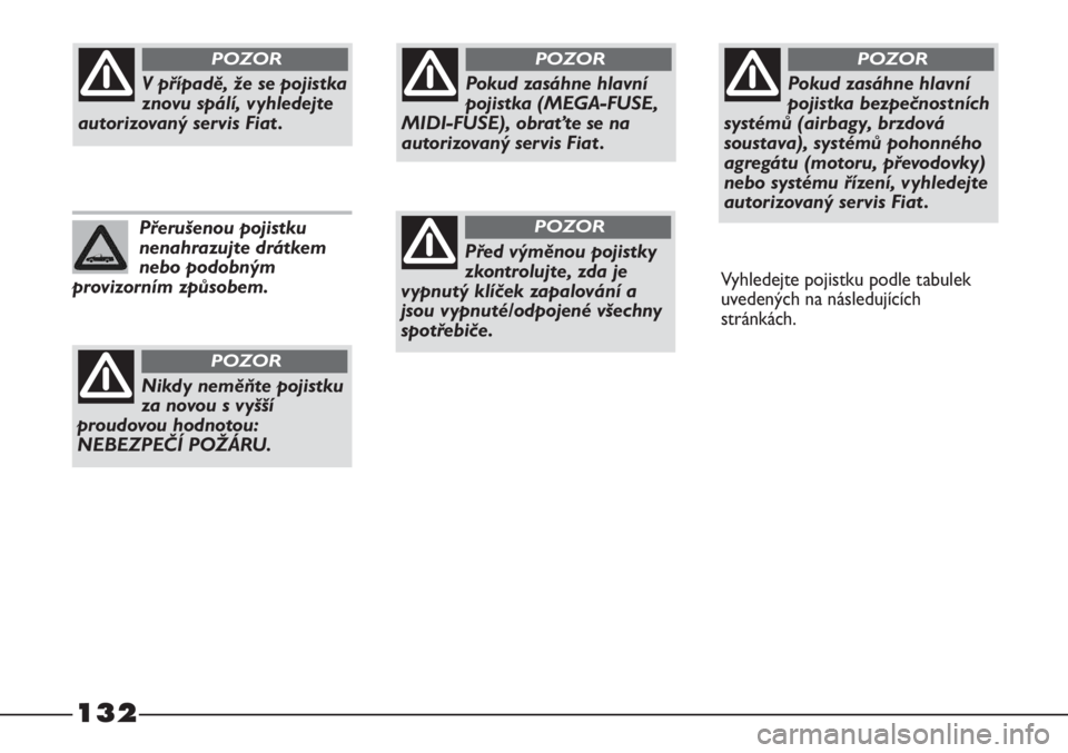 FIAT STRADA 2011  Návod k použití a údržbě (in Czech) 132
Pokud zasáhne hlavní
pojistka (MEGA-FUSE,
MIDI-FUSE), obraťte se na
autorizovaný servis Fiat .
POZOR
Před výměnou pojistky
zkontrolujte, zda je
vypnutý klíček zapalování a
jsou vypnut�