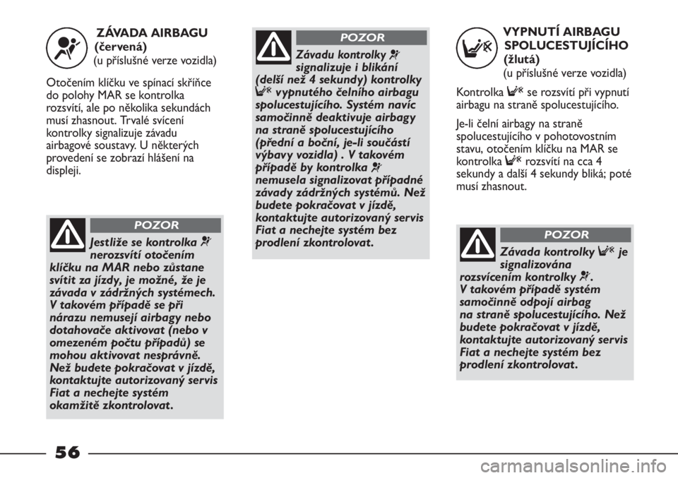 FIAT STRADA 2011  Návod k použití a údržbě (in Czech) VYPNUTÍ AIRBAGU 
SPOLUCESTUJÍCÍHO 
(žlutá)
(u příslušné verze vozidla)
Kontrolka Fse rozsvítí při vypnutí
airbagu na straně spolucestujícího.
Je-li čelní airbagy na straně
spolucest