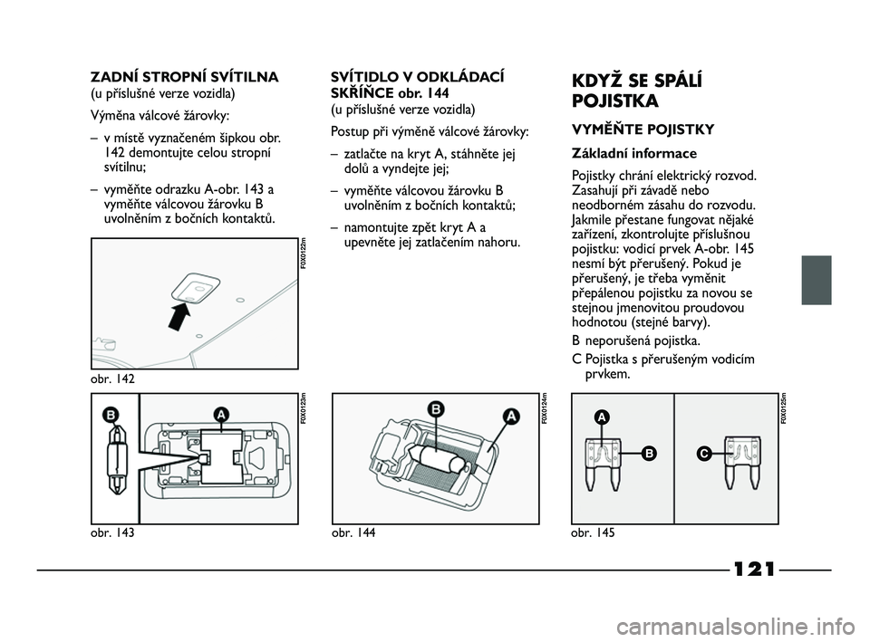 FIAT STRADA 2014  Návod k použití a údržbě (in Czech) 121
obr. 143
F0X0123m
obr. 142
F0X0122m
obr. 144
F0X0124m
obr. 145
F0X0125m
SVÍTIDLO V ODKLÁDACÍ
SKŘÍŇCE obr. 144
(u příslušné verze vozidla)
Postup při výměně válcové žárovky:
– z