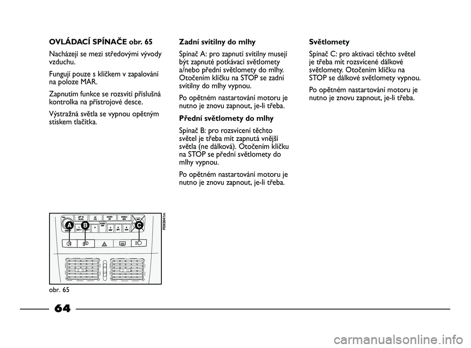 FIAT STRADA 2015  Návod k použití a údržbě (in Czech) OVLÁDACÍ SPÍNAČE obr. 65
Nacházejí se mezi středovými vývody
vzduchu.
Fungují pouze s klíčkem v zapalování
na poloze MAR.
Zapnutím funkce se rozsvítí příslušná
kontrolka na přís