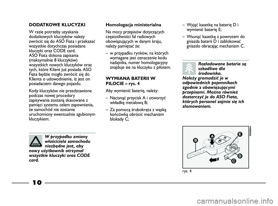 FIAT STRADA 2013 Instrukcja obsługi (in Polish) 10
DODATKOWE KLUCYZKI
W razie potrzeby uzyskania
dodatkowych kluczyków należy
zwrócić się do ASO Fiata i przekazać
wszystkie dotychczas posiadane
kluczyki oraz CODE card.
ASO Fiata dokona zapis FIAT STRADA 2013 Instrukcja obsługi (in Polish) 10
DODATKOWE KLUCYZKI
W razie potrzeby uzyskania
dodatkowych kluczyków należy
zwrócić się do ASO Fiata i przekazać
wszystkie dotychczas posiadane
kluczyki oraz CODE card.
ASO Fiata dokona zapis