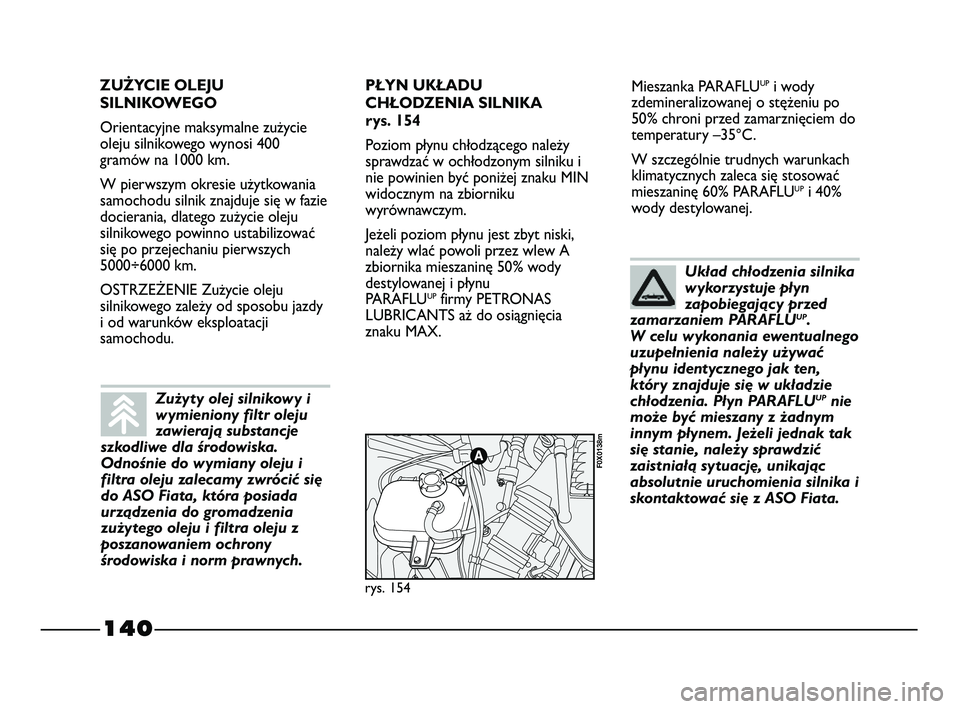 FIAT STRADA 2015 Instrukcja obsługi (in Polish) 140
Mieszanka PARAFLUUPi wody
zdemineralizowanej o stężeniu po
50% chroni przed zamarznięciem do
temperatury –35°C.
W szczególnie trudnych warunkach
klimatycznych zaleca się stosować
mieszani FIAT STRADA 2015 Instrukcja obsługi (in Polish) 140
Mieszanka PARAFLUUPi wody
zdemineralizowanej o stężeniu po
50% chroni przed zamarznięciem do
temperatury –35°C.
W szczególnie trudnych warunkach
klimatycznych zaleca się stosować
mieszani