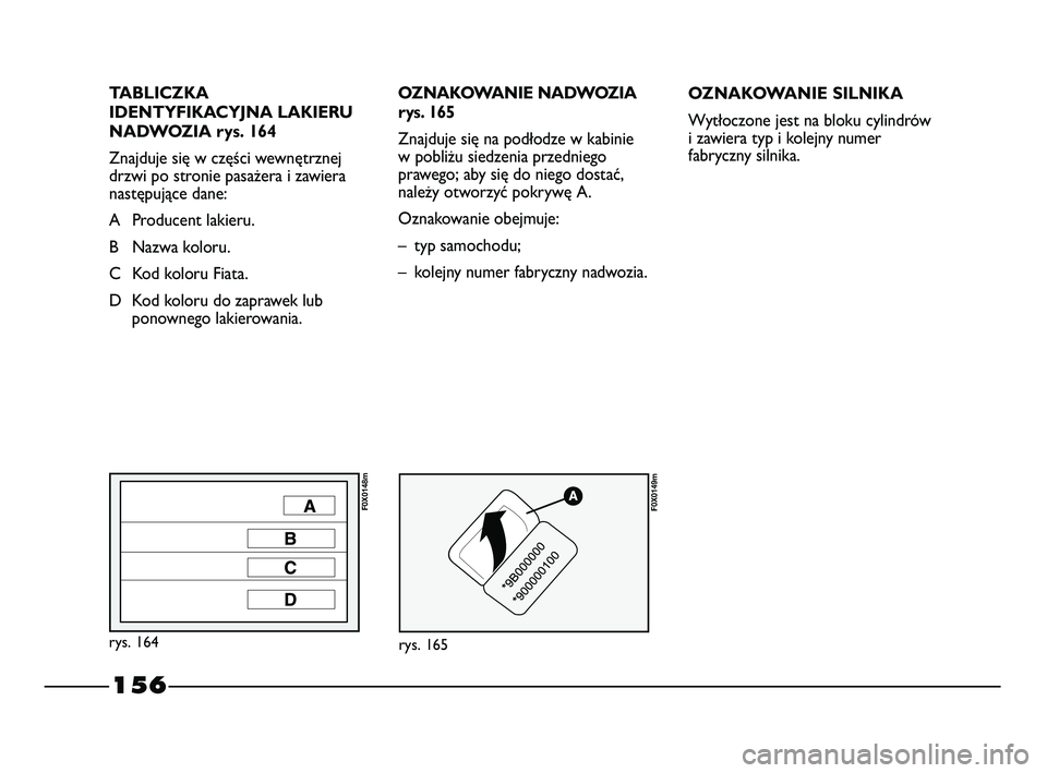 FIAT STRADA 2015 Instrukcja obsługi (in Polish) TABLICZKA
IDENTYFIKACYJNA LAKIERU
NADWOZIA rys. 164
Znajduje się w części wewnętrznej
drzwi po stronie pasażera i zawiera
następujące dane:
A Producent lakieru.
B Nazwa koloru.
C Kod koloru Fia FIAT STRADA 2015 Instrukcja obsługi (in Polish) TABLICZKA
IDENTYFIKACYJNA LAKIERU
NADWOZIA rys. 164
Znajduje się w części wewnętrznej
drzwi po stronie pasażera i zawiera
następujące dane:
A Producent lakieru.
B Nazwa koloru.
C Kod koloru Fia