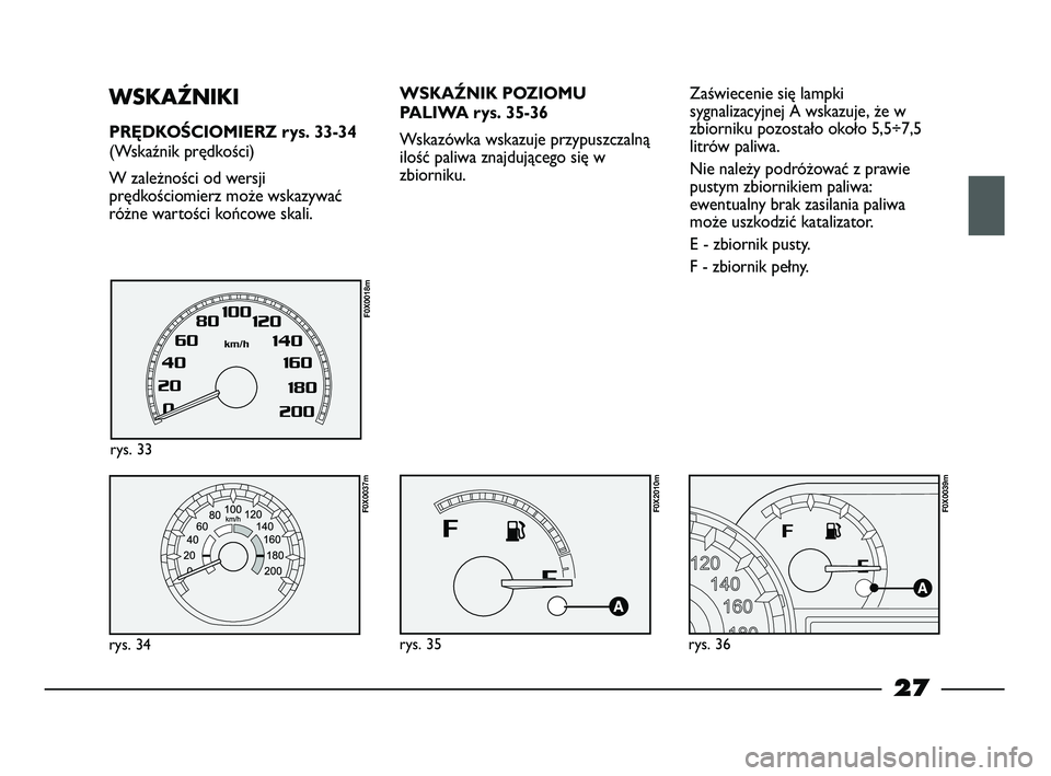 FIAT STRADA 2014 Instrukcja obsługi (in Polish) 27
WSKAŹNIKI
PRĘDKOŚCIOMIERZ rys. 33-34
(Wskaźnik prędkości)
W zależności od wersji
prędkościomierz może wskazywać
różne wartości końcowe skali.
rys. 34
F0X0037m
rys. 33
F0X0018m
WSKA FIAT STRADA 2014 Instrukcja obsługi (in Polish) 27
WSKAŹNIKI
PRĘDKOŚCIOMIERZ rys. 33-34
(Wskaźnik prędkości)
W zależności od wersji
prędkościomierz może wskazywać
różne wartości końcowe skali.
rys. 34
F0X0037m
rys. 33
F0X0018m
WSKA