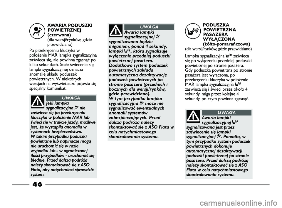 FIAT STRADA 2014  Instrukcja obsługi (in Polish) PODUSZKA
POWIETRZNA
PASAŻERA
WYŁĄCZONA 
(żółto-pomarańczowa)
(dla wersji/rynków, gdzie przewidziano)
Lampka sygnalizacyjna Fzaświeca
się po wyłączeniu przedniej poduszki
powietrznej po str