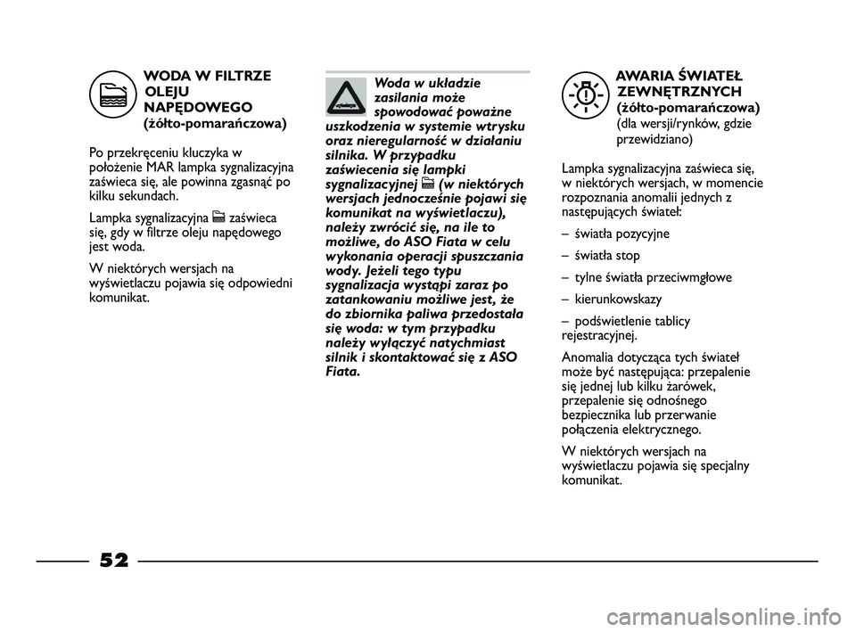 FIAT STRADA 2015 Instrukcja obsługi (in Polish) AWARIA ŚWIATEŁ
ZEWNĘTRZNYCH
(żółto-pomarańczowa)
(dla wersji/rynków, gdzie
przewidziano)
Lampka sygnalizacyjna zaświeca się,
w niektórych wersjach, w momencie
rozpoznania anomalii jednych FIAT STRADA 2015 Instrukcja obsługi (in Polish) AWARIA ŚWIATEŁ
ZEWNĘTRZNYCH
(żółto-pomarańczowa)
(dla wersji/rynków, gdzie
przewidziano)
Lampka sygnalizacyjna zaświeca się,
w niektórych wersjach, w momencie
rozpoznania anomalii jednych