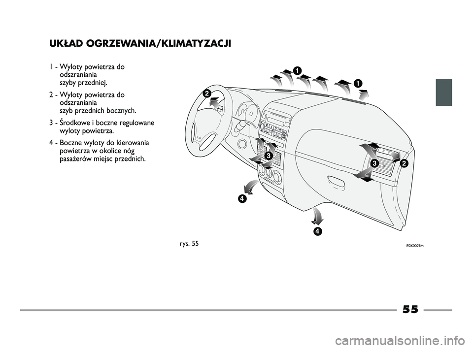 FIAT STRADA 2015 Instrukcja obsługi (in Polish) UKŁAD OGRZEWANIA/KLIMATYZACJI
1 - Wyloty powietrza do
odszraniania
szyby przedniej.
2 - Wyloty powietrza do
odszraniania
szyb przednich bocznych.
3 - Środkowe i boczne regulowane
wyloty powietrza. FIAT STRADA 2015 Instrukcja obsługi (in Polish) UKŁAD OGRZEWANIA/KLIMATYZACJI
1 - Wyloty powietrza do
odszraniania
szyby przedniej.
2 - Wyloty powietrza do
odszraniania
szyb przednich bocznych.
3 - Środkowe i boczne regulowane
wyloty powietrza.