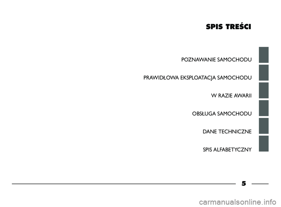FIAT STRADA 2013  Instrukcja obsługi (in Polish) SPIS TREÂCI
POZNAWANIE SAMOCHODU
PRAWIDŁOWA EKSPLOATACJA SAMOCHODU
W RAZIE AWARII
OBSŁUGA SAMOCHODU
DANE TECHNICZNE
SPIS ALFABETYCZNY
5
001-006 STRADA LUM PL 1ed  12-01-2012  9:05  Pagina 5 