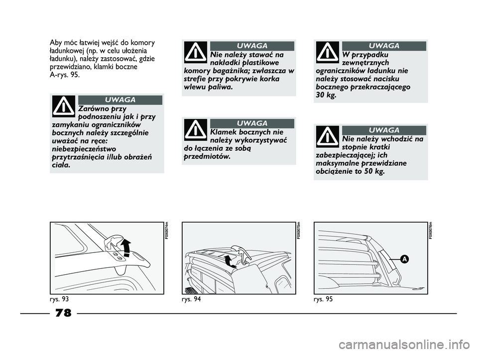 FIAT STRADA 2015 Instrukcja obsługi (in Polish) rys. 95
F0X0076m
rys. 94
F0X0075m
Aby móc łatwiej wejść do komory
ładunkowej (np. w celu ułożenia
ładunku), należy zastosować, gdzie
przewidziano, klamki boczne
A-rys. 95.
rys. 93
F0X0074m
FIAT STRADA 2015 Instrukcja obsługi (in Polish) rys. 95
F0X0076m
rys. 94
F0X0075m
Aby móc łatwiej wejść do komory
ładunkowej (np. w celu ułożenia
ładunku), należy zastosować, gdzie
przewidziano, klamki boczne
A-rys. 95.
rys. 93
F0X0074m