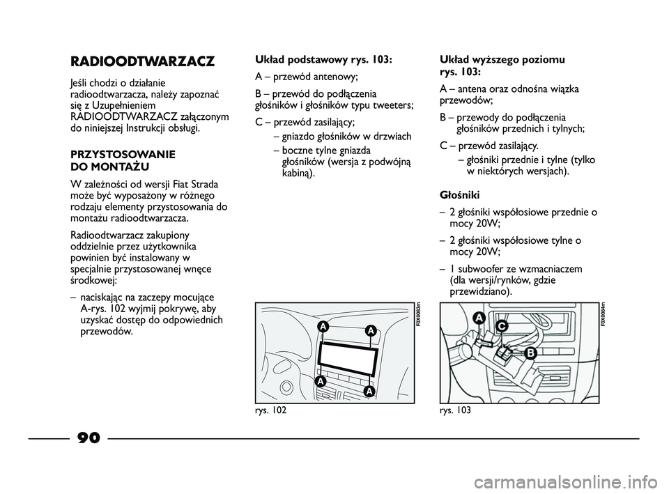 FIAT STRADA 2015 Instrukcja obsługi (in Polish) RADIOODTWARZACZ
Jeśli chodzi o działanie
radioodtwarzacza, należy zapoznać
się z Uzupełnieniem
RADIOODTWARZACZ załączonym
do niniejszej Instrukcji obsługi.
PRZYSTOSOWANIE
DO MONTAŻU
W zale FIAT STRADA 2015 Instrukcja obsługi (in Polish) RADIOODTWARZACZ
Jeśli chodzi o działanie
radioodtwarzacza, należy zapoznać
się z Uzupełnieniem
RADIOODTWARZACZ załączonym
do niniejszej Instrukcji obsługi.
PRZYSTOSOWANIE
DO MONTAŻU
W zale