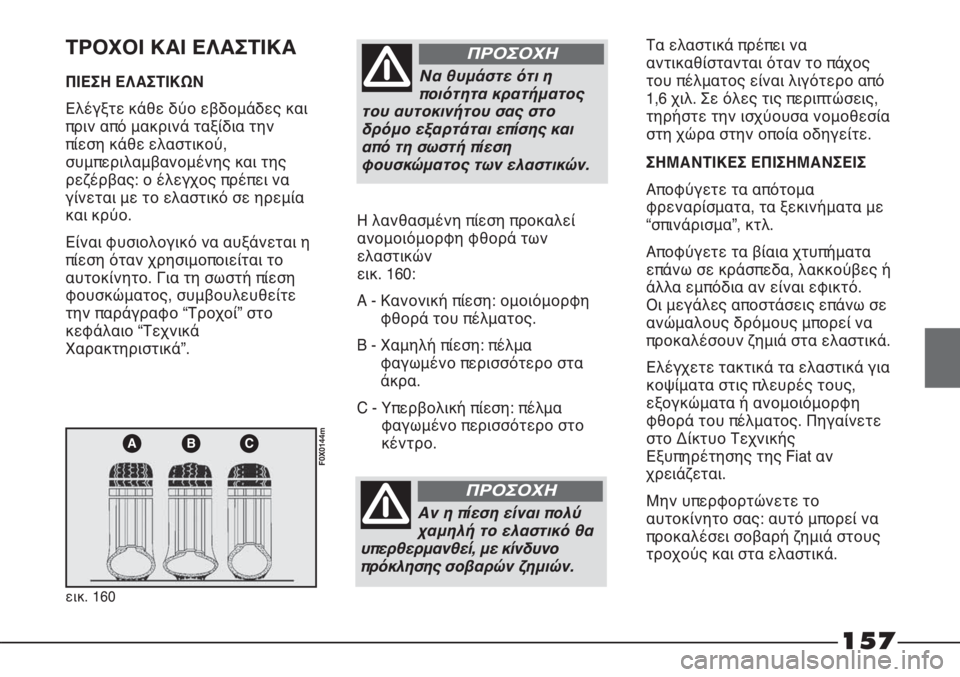 FIAT STRADA 2011 ΒΙΒΛΙΟ ΧΡΗΣΗΣ ΚΑΙ ΣΥΝΤΗΡΗΣΗΣ (in Greek) 157
ABC
εικ. 160
F0X0144m
ΤΡΟΧΟΙ ΚΑΙ ΕΛΑΣΤΙΚΑ
ΠΙΕΣΗ ΕΛΑΣΤΙΚΩΝ
Ελέγξτε κάθε δύο εβδομάδες και
πριν από μακρινά ταξίδια FIAT STRADA 2011 ΒΙΒΛΙΟ ΧΡΗΣΗΣ ΚΑΙ ΣΥΝΤΗΡΗΣΗΣ (in Greek) 157
ABC
εικ. 160
F0X0144m
ΤΡΟΧΟΙ ΚΑΙ ΕΛΑΣΤΙΚΑ
ΠΙΕΣΗ ΕΛΑΣΤΙΚΩΝ
Ελέγξτε κάθε δύο εβδομάδες και
πριν από μακρινά ταξίδια