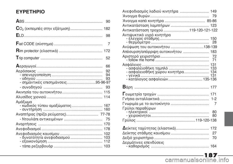 FIAT STRADA 2012 ΒΙΒΛΙΟ ΧΡΗΣΗΣ ΚΑΙ ΣΥΝΤΗΡΗΣΗΣ (in Greek) 187
ΕΥΡΕΤΗΡΙΟ
ABS ........................................................................... 90
CO2(εκπομπές στην εξάτμιση) ............................... 182
ELD....... FIAT STRADA 2012 ΒΙΒΛΙΟ ΧΡΗΣΗΣ ΚΑΙ ΣΥΝΤΗΡΗΣΗΣ (in Greek) 187
ΕΥΡΕΤΗΡΙΟ
ABS ........................................................................... 90
CO2(εκπομπές στην εξάτμιση) ............................... 182
ELD.......