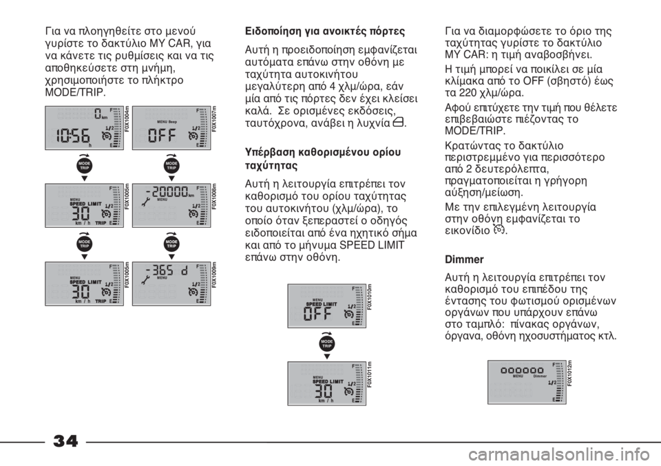 FIAT STRADA 2011  ΒΙΒΛΙΟ ΧΡΗΣΗΣ ΚΑΙ ΣΥΝΤΗΡΗΣΗΣ (in Greek) 34
Για να διαμορφώσετε το όριο της
ταχύτητας γυρίστε το δακτύλιο
MY CAR: η τιμή αναβοσβήνει.
Η τιμή μπορεί να ποικ�