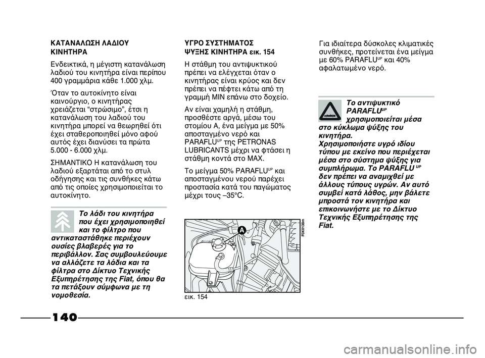 FIAT STRADA 2013 ΒΙΒΛΙΟ ΧΡΗΣΗΣ ΚΑΙ ΣΥΝΤΗΡΗΣΗΣ (in Greek) 140
Για ιδιαίτερα δύσκολες κλιματικές
συνθήκες, προτείνεται ένα μείγμα
με 60% PARAFLU
UPκαι 40%
αφαλατωμένο νερό.
εικ. FIAT STRADA 2013 ΒΙΒΛΙΟ ΧΡΗΣΗΣ ΚΑΙ ΣΥΝΤΗΡΗΣΗΣ (in Greek) 140
Για ιδιαίτερα δύσκολες κλιματικές
συνθήκες, προτείνεται ένα μείγμα
με 60% PARAFLU
UPκαι 40%
αφαλατωμένο νερό.
εικ.