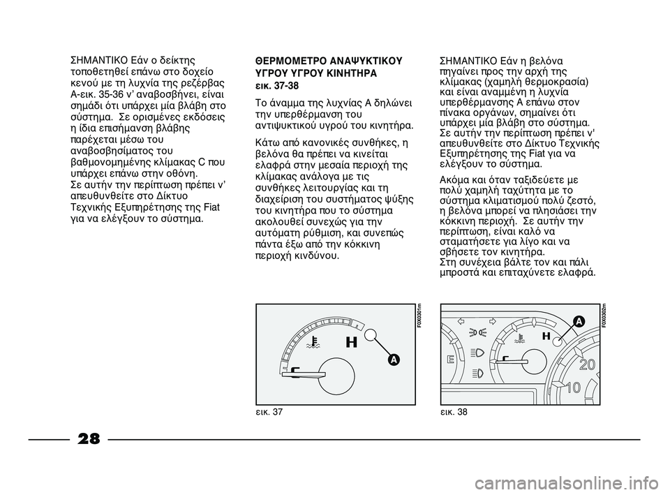 FIAT STRADA 2013  ΒΙΒΛΙΟ ΧΡΗΣΗΣ ΚΑΙ ΣΥΝΤΗΡΗΣΗΣ (in Greek) 28
ΘΕΡΜΟΜΕΤΡΟ ΑΝΑΨΥΚΤΙΚΟΥ
ΥΓΡΟΥ ΥΓΡΟΥ ΚΙΝΗΤΗΡΑ 
εικ. 37-38
Το άναμμα της λυχνίας Α δηλώνει
την υπερθέρμανση του
α