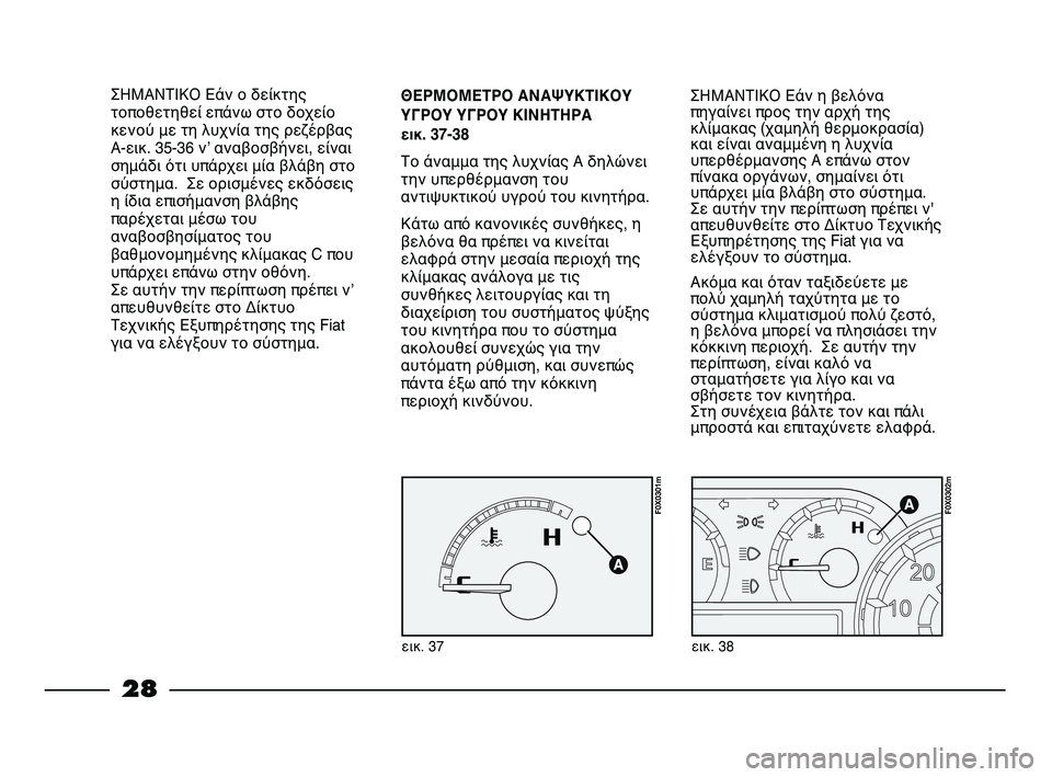 FIAT STRADA 2015  ΒΙΒΛΙΟ ΧΡΗΣΗΣ ΚΑΙ ΣΥΝΤΗΡΗΣΗΣ (in Greek) 28
ΘΕΡΜΟΜΕΤΡΟ ΑΝΑΨΥΚΤΙΚΟΥ
ΥΓΡΟΥ ΥΓΡΟΥ ΚΙΝΗΤΗΡΑ 
εικ. 37-38
Το άναμμα της λυχνίας Α δηλώνει
την υπερθέρμανση του
α