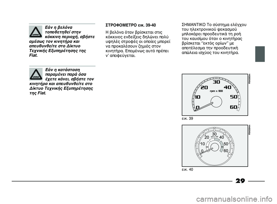 FIAT STRADA 2015  ΒΙΒΛΙΟ ΧΡΗΣΗΣ ΚΑΙ ΣΥΝΤΗΡΗΣΗΣ (in Greek) 29
ΣΗΜΑΝΤΙΚΟ Το σύστημα ελέγχου
του ηλεκτρονικού ψεκασμού
μπλοκάρει προοδευτικά τη ροή
του καυσίμου όταν ο κι