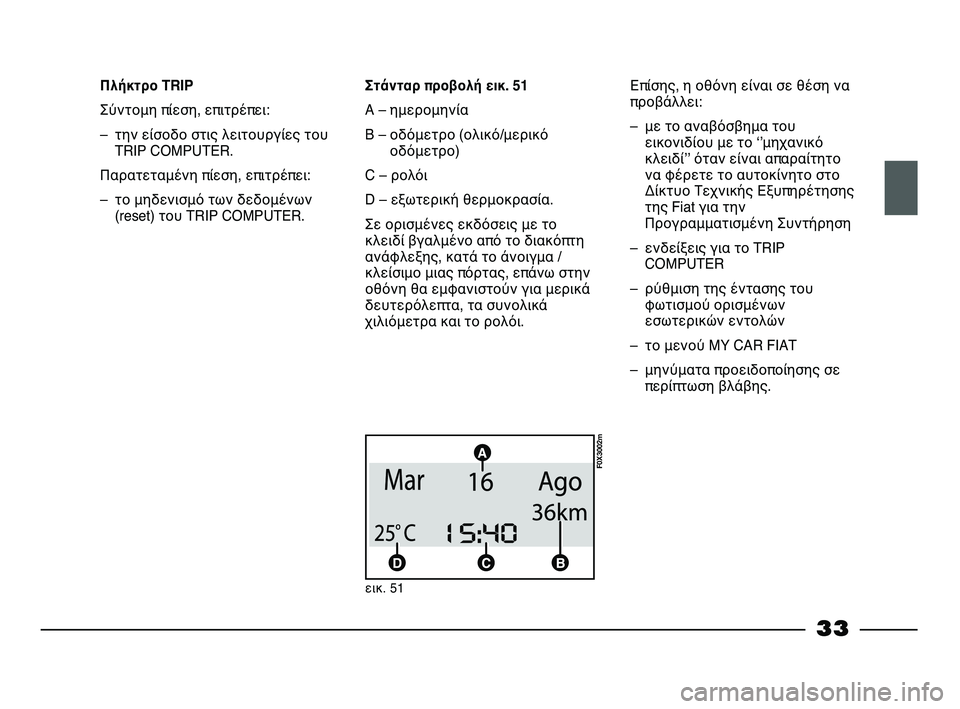 FIAT STRADA 2015  ΒΙΒΛΙΟ ΧΡΗΣΗΣ ΚΑΙ ΣΥΝΤΗΡΗΣΗΣ (in Greek) 33
Πλήκτρο TRIP
Σύντομη πίεση, επιτρέπει:
– την είσοδο στις λειτουργίες του
TRIP COMPUTER.
Παρατεταμένη πίεση, επιτρέπ�