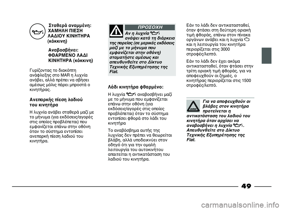 FIAT STRADA 2013 ΒΙΒΛΙΟ ΧΡΗΣΗΣ ΚΑΙ ΣΥΝΤΗΡΗΣΗΣ (in Greek) Σταθερά αναμμένη:
ΧΑΜΗΛΗ ΠΙΕΣΗ
ΛΑΔΙΟΥ ΚΙΝΗΤΗΡΑ
(κόκκινη)
Αναβοσβήνει:
ΦΘΑΡΜΕΝΟ ΛΑΔΙ
ΚΙΝΗΤΗΡΑ (κόκκινη)
Γυρίζο FIAT STRADA 2013 ΒΙΒΛΙΟ ΧΡΗΣΗΣ ΚΑΙ ΣΥΝΤΗΡΗΣΗΣ (in Greek) Σταθερά αναμμένη:
ΧΑΜΗΛΗ ΠΙΕΣΗ
ΛΑΔΙΟΥ ΚΙΝΗΤΗΡΑ
(κόκκινη)
Αναβοσβήνει:
ΦΘΑΡΜΕΝΟ ΛΑΔΙ
ΚΙΝΗΤΗΡΑ (κόκκινη)
Γυρίζο