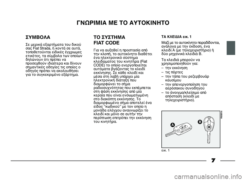 FIAT STRADA 2014  ΒΙΒΛΙΟ ΧΡΗΣΗΣ ΚΑΙ ΣΥΝΤΗΡΗΣΗΣ (in Greek) 7
ΓΝΩΡΙΜΙΑ ΜΕ ΤΟ ΑΥΤΟΚΙΝΗΤΟ
ΣΥΜΒΟΛΑ
Σε μερικά εξαρτήματα του δικού
σας Fiat Strada, ή κοντά σε αυτά,
τοποθετούνται ε