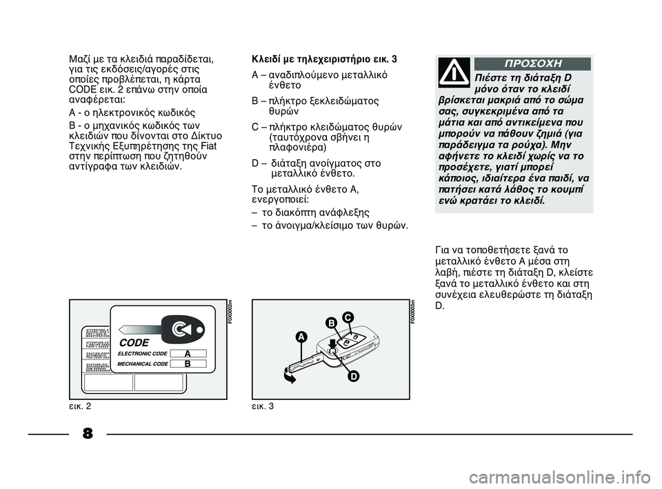 FIAT STRADA 2014  ΒΙΒΛΙΟ ΧΡΗΣΗΣ ΚΑΙ ΣΥΝΤΗΡΗΣΗΣ (in Greek) 8
Μαζί με τα κλειδιά παραδίδεται,
για τις εκδόσεις/αγορές στις
οποίες προβλέπεται, η κάρτα
CODE εικ. 2 επάνω στην �