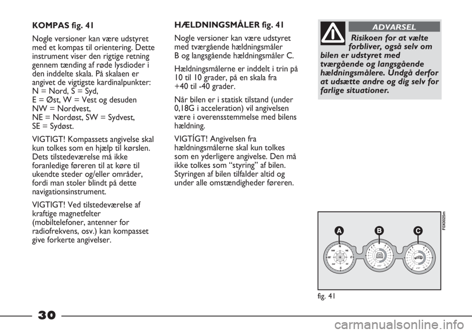 FIAT STRADA 2012 Brugs- og vedligeholdelsesvejledning (in Danish) 30
KOMPAS fig. 41
Nogle versioner kan være udstyret
med et kompas til orientering. Dette
instrument viser den rigtige retning
gennem tænding af røde lysdioder i
den inddelte skala. På skalaen er
a FIAT STRADA 2012 Brugs- og vedligeholdelsesvejledning (in Danish) 30
KOMPAS fig. 41
Nogle versioner kan være udstyret
med et kompas til orientering. Dette
instrument viser den rigtige retning
gennem tænding af røde lysdioder i
den inddelte skala. På skalaen er
a