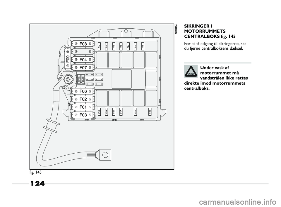 FIAT STRADA 2015 Brugs- og vedligeholdelsesvejledning (in Danish) 124
SIKRINGER I
MOTORRUMMETS
CENTRALBOKS fig. 145
For at få adgang til sikringerne, skal
du fjerne centralboksens dæksel.
fig. 145
F0X0128m
Under vask af
motorrummet må
vandstrålen ikke rettes
dir FIAT STRADA 2015 Brugs- og vedligeholdelsesvejledning (in Danish) 124
SIKRINGER I
MOTORRUMMETS
CENTRALBOKS fig. 145
For at få adgang til sikringerne, skal
du fjerne centralboksens dæksel.
fig. 145
F0X0128m
Under vask af
motorrummet må
vandstrålen ikke rettes
dir