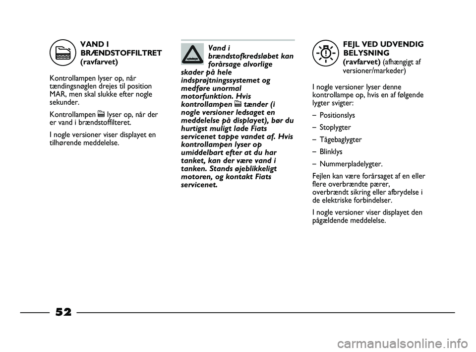 FIAT STRADA 2015 Brugs- og vedligeholdelsesvejledning (in Danish) FEJL VED UDVENDIG
BELYSNING
(ravfarvet) (afhængigt af
versioner/markeder)
I nogle versioner lyser denne
kontrollampe op, hvis en af følgende
lygter svigter:
–Positionslys
–Stoplygter
–Tågeb FIAT STRADA 2015 Brugs- og vedligeholdelsesvejledning (in Danish) FEJL VED UDVENDIG
BELYSNING
(ravfarvet) (afhængigt af
versioner/markeder)
I nogle versioner lyser denne
kontrollampe op, hvis en af følgende
lygter svigter:
–Positionslys
–Stoplygter
–Tågeb