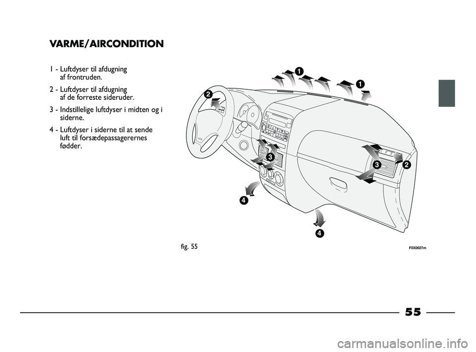 FIAT STRADA 2015 Brugs- og vedligeholdelsesvejledning (in Danish) VARME/AIRCONDITION
1 - Luftdyser til afdugning
af frontruden.
2 - Luftdyser til afdugning
af de forreste sideruder.
3 - Indstillelige luftdyser i midten og i
siderne.
4 - Luftdyser i siderne til at FIAT STRADA 2015 Brugs- og vedligeholdelsesvejledning (in Danish) VARME/AIRCONDITION
1 - Luftdyser til afdugning
af frontruden.
2 - Luftdyser til afdugning
af de forreste sideruder.
3 - Indstillelige luftdyser i midten og i
siderne.
4 - Luftdyser i siderne til at