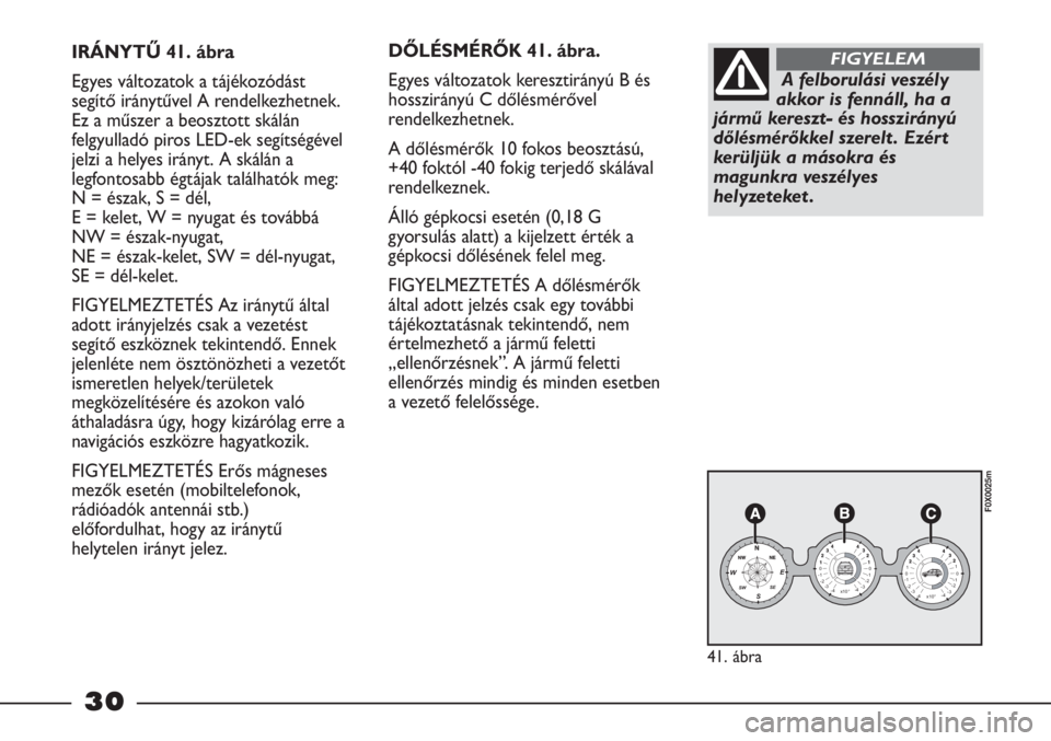 FIAT STRADA 2011  Kezelési és karbantartási útmutató (in Hungarian) 30
IRÁNYTŰ 41. ábra
Egyes változatok a tájékozódást
segítő iránytűvel A rendelkezhetnek.
Ez a műszer a beosztott skálán
felgyulladó piros LED-ek segítségével
jelzi a helyes irányt.