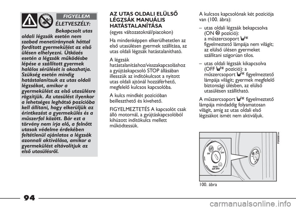 FIAT STRADA 2012 Kezelési és karbantartási útmutató (in Hungarian) 100. ábra
F0X0081m
ÉLETVESZÉLY:
Bekapcsolt utas
oldali légzsák esetén nem
szabad menetiránynak háttal
fordított gyermekülést az első
ülésen elhelyezni. Ütközés
esetén a légzsák m FIAT STRADA 2012 Kezelési és karbantartási útmutató (in Hungarian) 100. ábra
F0X0081m
ÉLETVESZÉLY:
Bekapcsolt utas
oldali légzsák esetén nem
szabad menetiránynak háttal
fordított gyermekülést az első
ülésen elhelyezni. Ütközés
esetén a légzsák m