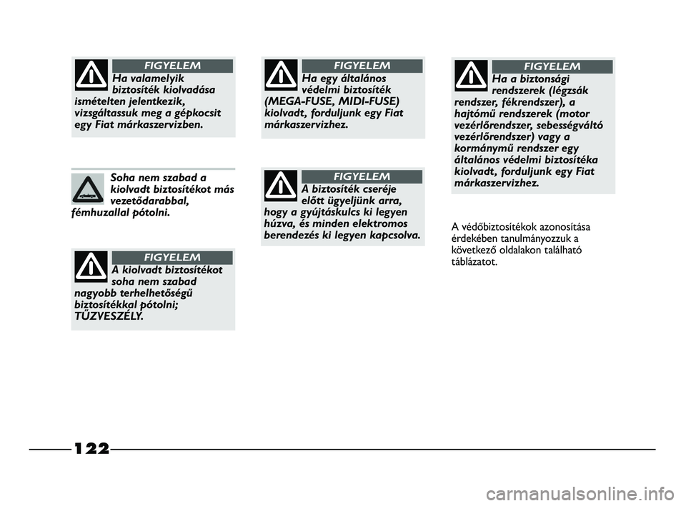 FIAT STRADA 2013  Kezelési és karbantartási útmutató (in Hungarian) 122
Ha egy általános
védelmi biztosíték
(MEGA-FUSE, MIDI-FUSE)
kiolvadt , forduljunk egy Fiat
márkaszervizhez.
FIGYELEM
A biztosíték cseréje
előtt ügyeljünk arra,
hogy a gyújtáskulcs ki 