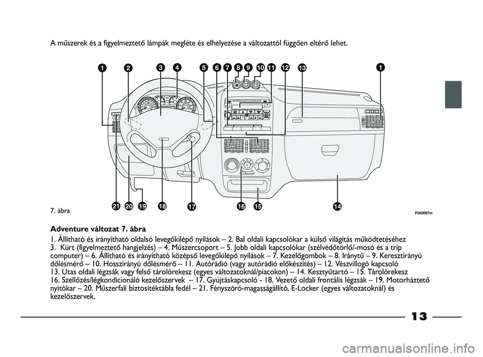 FIAT STRADA 2013  Kezelési és karbantartási útmutató (in Hungarian) A műszerek és a figyelmeztető lámpák megléte és elhelyezése a változattól függően eltérő lehet.
F0X0007m7. ábra
Adventure változat 7. ábra
1. Állítható és irányítható oldalsó 