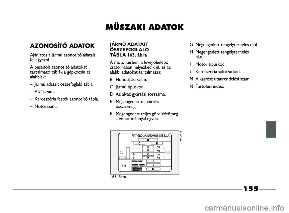 FIAT STRADA 2015 Kezelési és karbantartási útmutató (in Hungarian) MÙSZAKI ADATOK
AZONOSÍTÓ ADATOK
Ajánlatos a jármű azonosító adatait
feljegyezni.
A besajtolt azonosító adatokat
tartalmazó táblák a gépkocsin az
alábbiak:
– Jármű adatait össze FIAT STRADA 2015 Kezelési és karbantartási útmutató (in Hungarian) MÙSZAKI ADATOK
AZONOSÍTÓ ADATOK
Ajánlatos a jármű azonosító adatait
feljegyezni.
A besajtolt azonosító adatokat
tartalmazó táblák a gépkocsin az
alábbiak:
– Jármű adatait össze