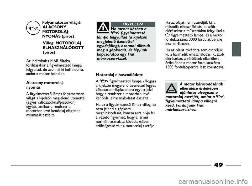FIAT STRADA 2015 Kezelési és karbantartási útmutató (in Hungarian) Folyamatosan világít:
ALACSONY
MOTOROLAJ-
NYOMÁS (piros)
Villog: MOTOROLAJ
ELHASZNÁLÓDOTT
(piros)
Az indítókulcs MAR állásba
fordításakor a figyelmeztető lámpa
felgyullad, de azonnal ki k FIAT STRADA 2015 Kezelési és karbantartási útmutató (in Hungarian) Folyamatosan világít:
ALACSONY
MOTOROLAJ-
NYOMÁS (piros)
Villog: MOTOROLAJ
ELHASZNÁLÓDOTT
(piros)
Az indítókulcs MAR állásba
fordításakor a figyelmeztető lámpa
felgyullad, de azonnal ki k