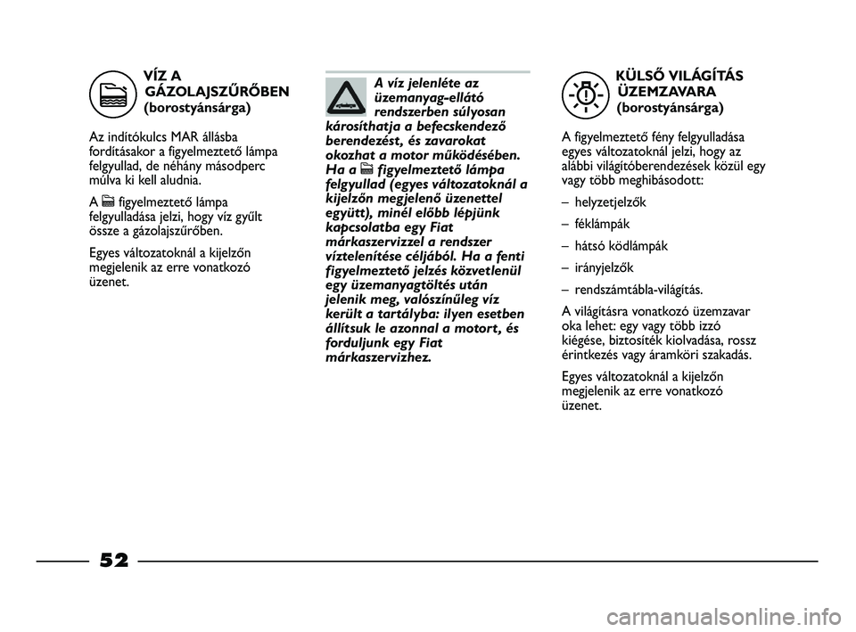 FIAT STRADA 2015 Kezelési és karbantartási útmutató (in Hungarian) KÜLSŐ VILÁGÍTÁS
ÜZEMZAVARA
(borostyánsárga)
A figyelmeztető fény felgyulladása
egyes változatoknál jelzi, hogy az
alábbi világítóberendezések közül egy
vagy több meghibásodott:
FIAT STRADA 2015 Kezelési és karbantartási útmutató (in Hungarian) KÜLSŐ VILÁGÍTÁS
ÜZEMZAVARA
(borostyánsárga)
A figyelmeztető fény felgyulladása
egyes változatoknál jelzi, hogy az
alábbi világítóberendezések közül egy
vagy több meghibásodott: