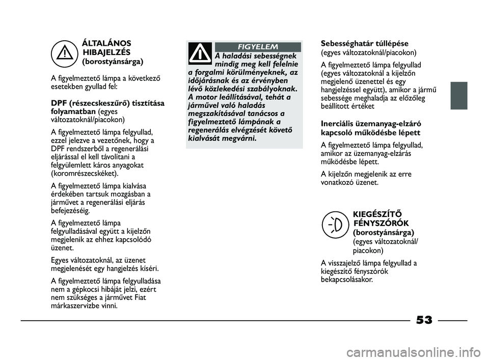 FIAT STRADA 2015 Kezelési és karbantartási útmutató (in Hungarian) ÁLTALÁNOS
HIBAJELZÉS
(borostyánsárga)
A figyelmeztető lámpa a következő
esetekben gyullad fel:
DPF (részecskeszűrő) tisztítása
folyamatban (egyes
változatoknál/piacokon)
A figyelmeztet FIAT STRADA 2015 Kezelési és karbantartási útmutató (in Hungarian) ÁLTALÁNOS
HIBAJELZÉS
(borostyánsárga)
A figyelmeztető lámpa a következő
esetekben gyullad fel:
DPF (részecskeszűrő) tisztítása
folyamatban (egyes
változatoknál/piacokon)
A figyelmeztet