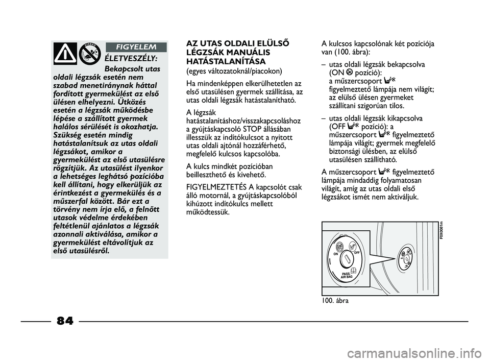 FIAT STRADA 2015  Kezelési és karbantartási útmutató (in Hungarian) 100. ábra
F0X0081m
ÉLETVESZÉLY: 
Bekapcsolt utas
oldali légzsák esetén nem
szabad menetiránynak háttal
fordított gyermekülést az első
ülésen elhelyezni. Ütközés
esetén a légzsák m
