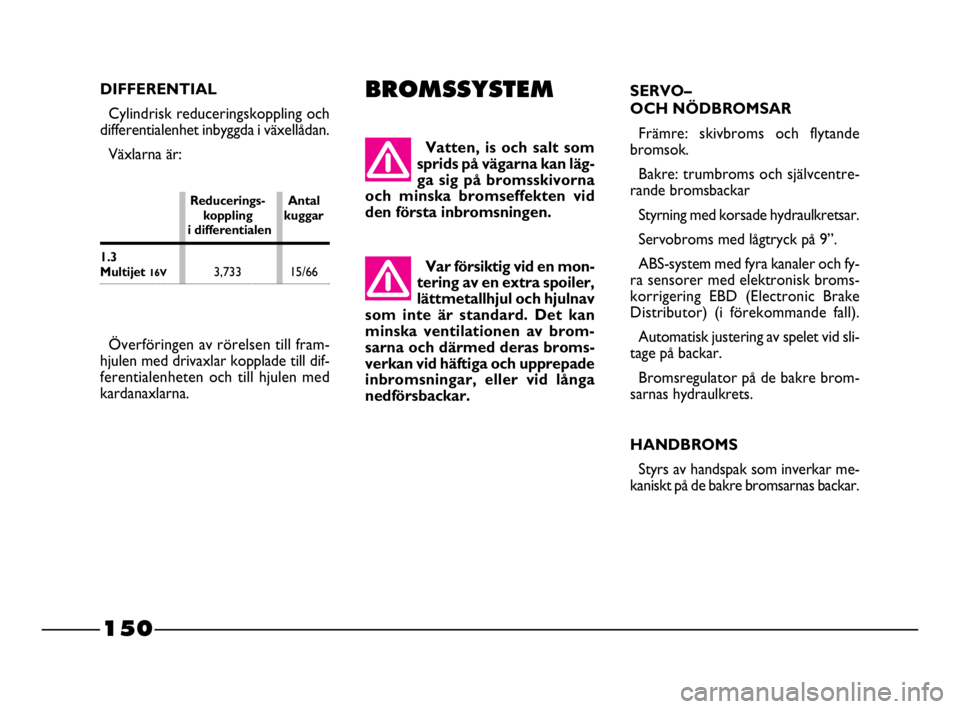 FIAT STRADA 2011  Drift- och underhållshandbok (in Swedish) 150
150 Nero Magenta = 032 PANTONE Testo Nome file: 
SERVO–
OCH NÖDBROMSAR
Främre: skivbroms och flytande
bromsok.
Bakre: trumbroms och självcentre-
rande bromsbackar 
Styrning med korsade hydrau