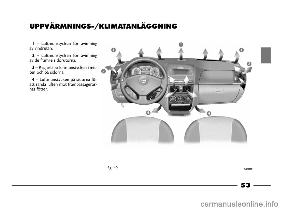 FIAT STRADA 2011  Drift- och underhållshandbok (in Swedish) 53
53 Nero Magenta = 032 PANTONE Testo Nome file: 
UPPVÄRMNINGS-/KLIMATANLÄGGNING
1 – Luftmunstycken för avimning 
av vindrutan.
2 – Luftmunstycken för avimning 
av de främre sidorutorna.
3�