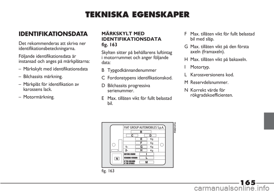 FIAT STRADA 2012 Drift- och underhållshandbok (in Swedish) TEKNISKA EGENSKAPER
IDENTIFIKATIONSDATA
Det rekommenderas att skriva ner
identifikationsbeteckningarna.
Följande identifikationsdata är
instansad och anges på märkplåtarna:
– Märkskylt med i FIAT STRADA 2012 Drift- och underhållshandbok (in Swedish) TEKNISKA EGENSKAPER
IDENTIFIKATIONSDATA
Det rekommenderas att skriva ner
identifikationsbeteckningarna.
Följande identifikationsdata är
instansad och anges på märkplåtarna:
– Märkskylt med i