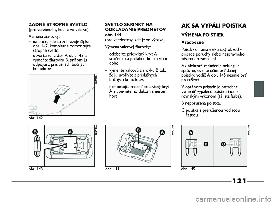 FIAT STRADA 2014 Návod na použitie a údržbu (in Slovak) 121
obr. 143
F0X0123m
obr. 142
F0X0122m
obr. 144
F0X0124m
obr. 145
F0X0125m
SVETLO SKRINKY NA
ODKLADANIE PREDMETOV
obr. 144
(pre verzie/trhy, kde je vo výbave)
Výmena valcovej žiarovky:
– odobert FIAT STRADA 2014 Návod na použitie a údržbu (in Slovak) 121
obr. 143
F0X0123m
obr. 142
F0X0122m
obr. 144
F0X0124m
obr. 145
F0X0125m
SVETLO SKRINKY NA
ODKLADANIE PREDMETOV
obr. 144
(pre verzie/trhy, kde je vo výbave)
Výmena valcovej žiarovky:
– odobert