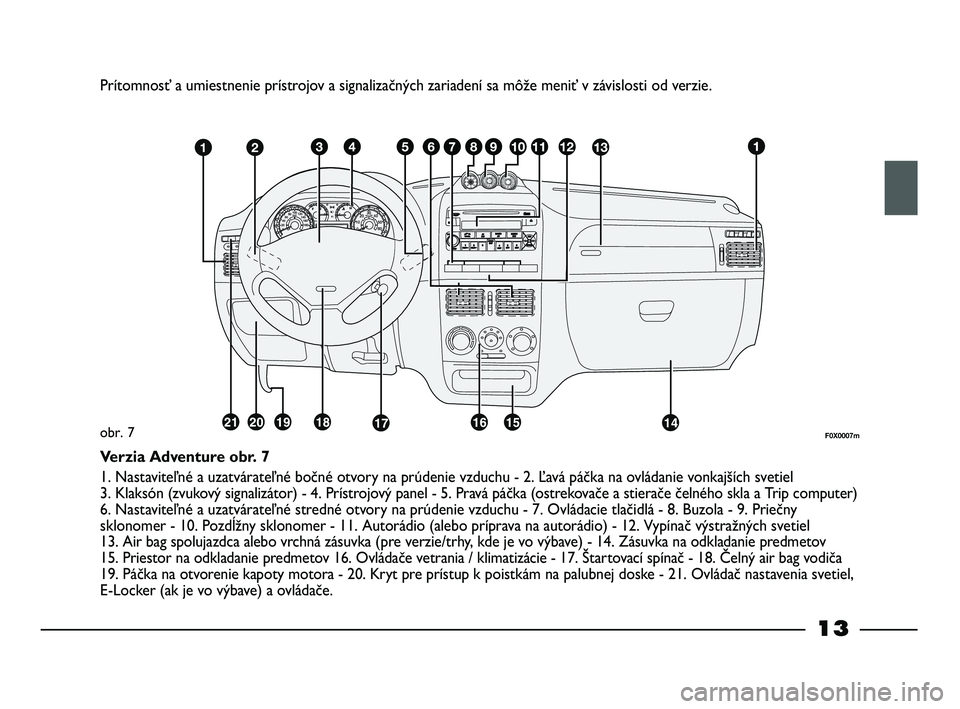FIAT STRADA 2013  Návod na použitie a údržbu (in Slovak) 13
Prítomnosť a umiestnenie prístrojov a signalizačných zariadení sa môže meniť v závislosti od verzie.
F0X0007mobr. 7
Verzia Adventure obr. 7
1. Nastaviteľné a uzatvárateľné bočné ot