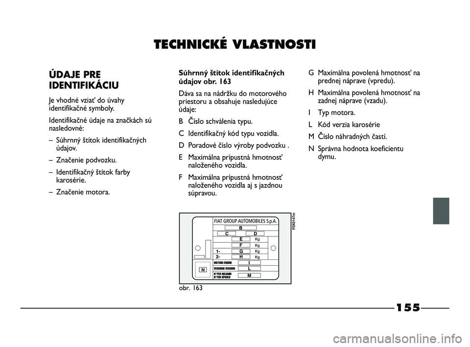 FIAT STRADA 2014 Návod na použitie a údržbu (in Slovak) TECHNICKÉ VLASTNOSTI
ÚDAJE PRE
IDENTIFIKÁCIU
Je vhodné vziať do úvahy
identifikačné symboly.
Identifikačné údaje na značkách sú
nasledovné:
– Súhrnný štítok identifikačný FIAT STRADA 2014 Návod na použitie a údržbu (in Slovak) TECHNICKÉ VLASTNOSTI
ÚDAJE PRE
IDENTIFIKÁCIU
Je vhodné vziať do úvahy
identifikačné symboly.
Identifikačné údaje na značkách sú
nasledovné:
– Súhrnný štítok identifikačný
