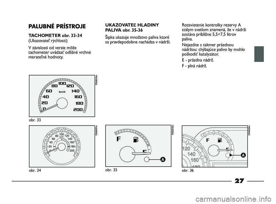 FIAT STRADA 2014 Návod na použitie a údržbu (in Slovak) 27
PALUBNÉ PRÍSTROJE
TACHOMETER obr. 33-34
(Ukazovateľ rýchlosti)
V závislosti od verzie môže
tachometer uvádzať odlišné vrchné
merateľné hodnoty.
obr. 34
F0X0037m
obr. 33
F0X0018m
UKAZO FIAT STRADA 2014 Návod na použitie a údržbu (in Slovak) 27
PALUBNÉ PRÍSTROJE
TACHOMETER obr. 33-34
(Ukazovateľ rýchlosti)
V závislosti od verzie môže
tachometer uvádzať odlišné vrchné
merateľné hodnoty.
obr. 34
F0X0037m
obr. 33
F0X0018m
UKAZO