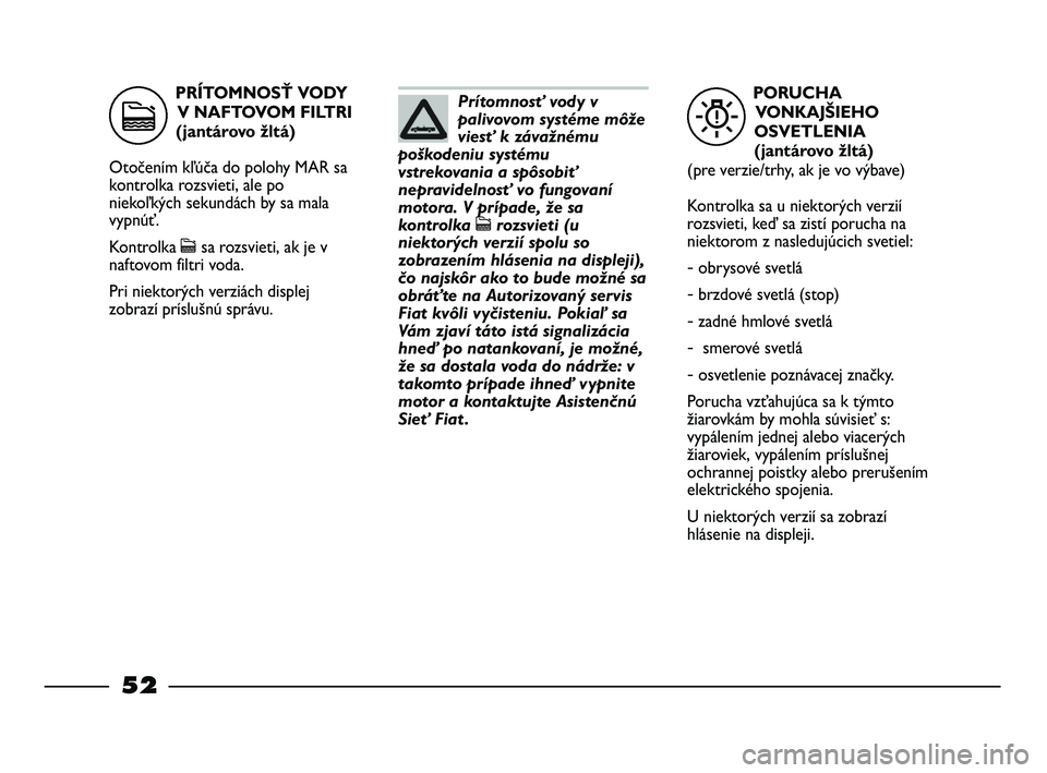FIAT STRADA 2014 Návod na použitie a údržbu (in Slovak) PORUCHA
VONKAJŠIEHO
OSVETLENIA
(jantárovo žltá)
(pre verzie/trhy, ak je vo výbave)
Kontrolka sa u niektorých verzií
rozsvieti, keď sa zistí porucha na
niektorom z nasledujúcich svetiel:
- FIAT STRADA 2014 Návod na použitie a údržbu (in Slovak) PORUCHA
VONKAJŠIEHO
OSVETLENIA
(jantárovo žltá)
(pre verzie/trhy, ak je vo výbave)
Kontrolka sa u niektorých verzií
rozsvieti, keď sa zistí porucha na
niektorom z nasledujúcich svetiel:
-