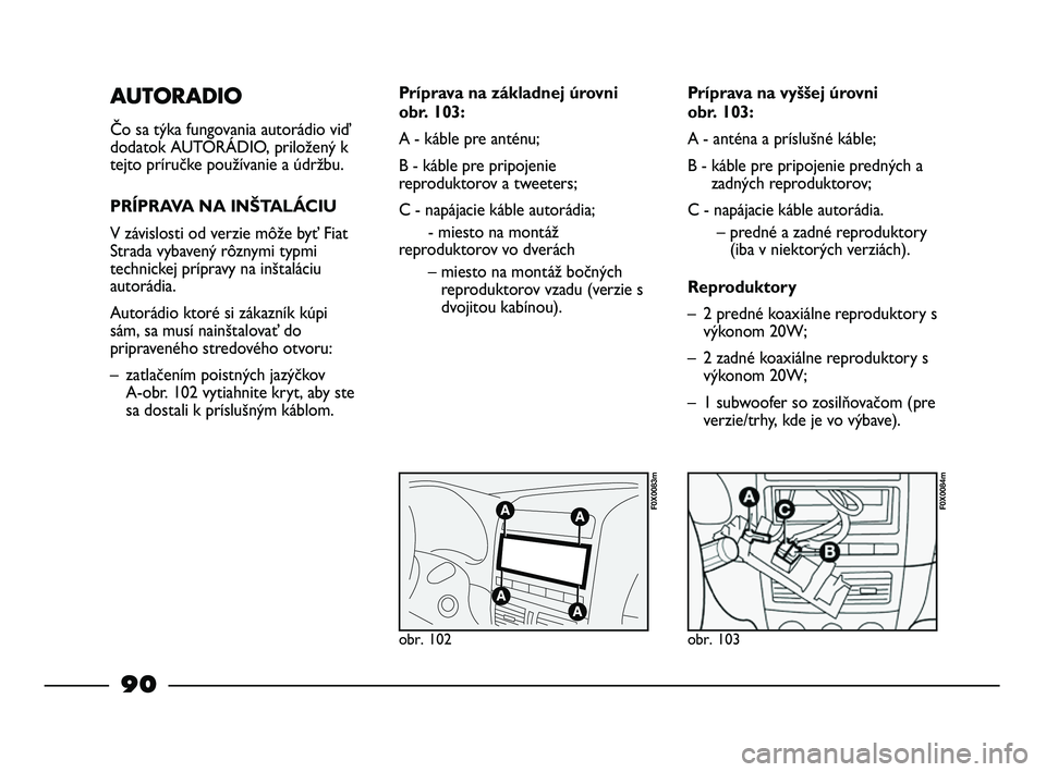 FIAT STRADA 2014 Návod na použitie a údržbu (in Slovak) AUTORADIO
Čo sa týka fungovania autorádio viď
dodatok AUTORÁDIO, priložený k
tejto príručke používanie a údržbu.
PRÍPRAVA NA INŠTALÁCIU
V závislosti od verzie môže byť Fiat
Strada FIAT STRADA 2014 Návod na použitie a údržbu (in Slovak) AUTORADIO
Čo sa týka fungovania autorádio viď
dodatok AUTORÁDIO, priložený k
tejto príručke používanie a údržbu.
PRÍPRAVA NA INŠTALÁCIU
V závislosti od verzie môže byť Fiat
Strada